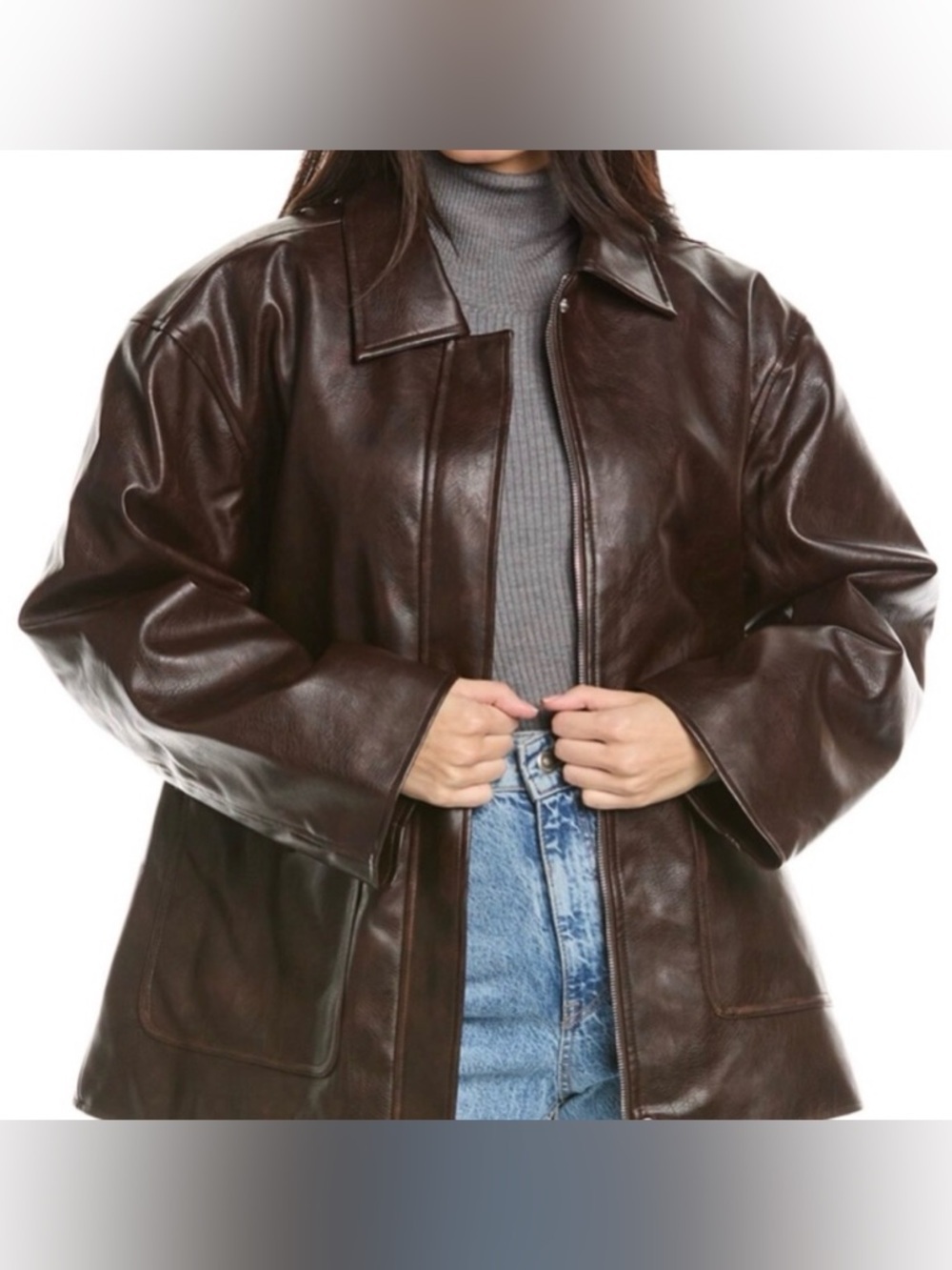 WeWoreWhat Dark Brown faux vegan Leather Bomber Jacket oversized zip moto  XS